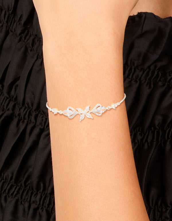 Silver Cubic Zirconis Flower Marquise Vintage Toggle Bracelet