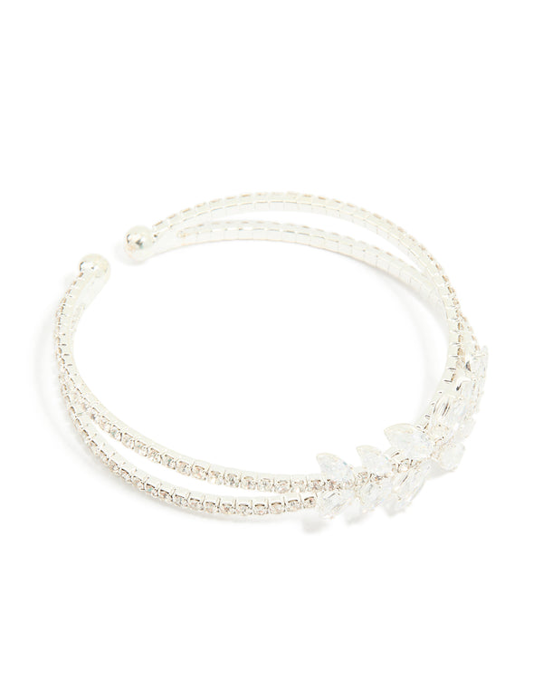 Silver Cubic Zirconia Leaf Floral Wrist Cuff