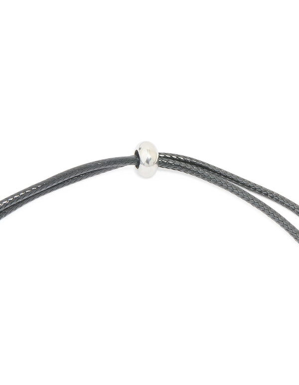 Highlighting the waterproof stainless steel large bubble letter J grey cord dainty style necklace with initial pendant in silver clasp detail view