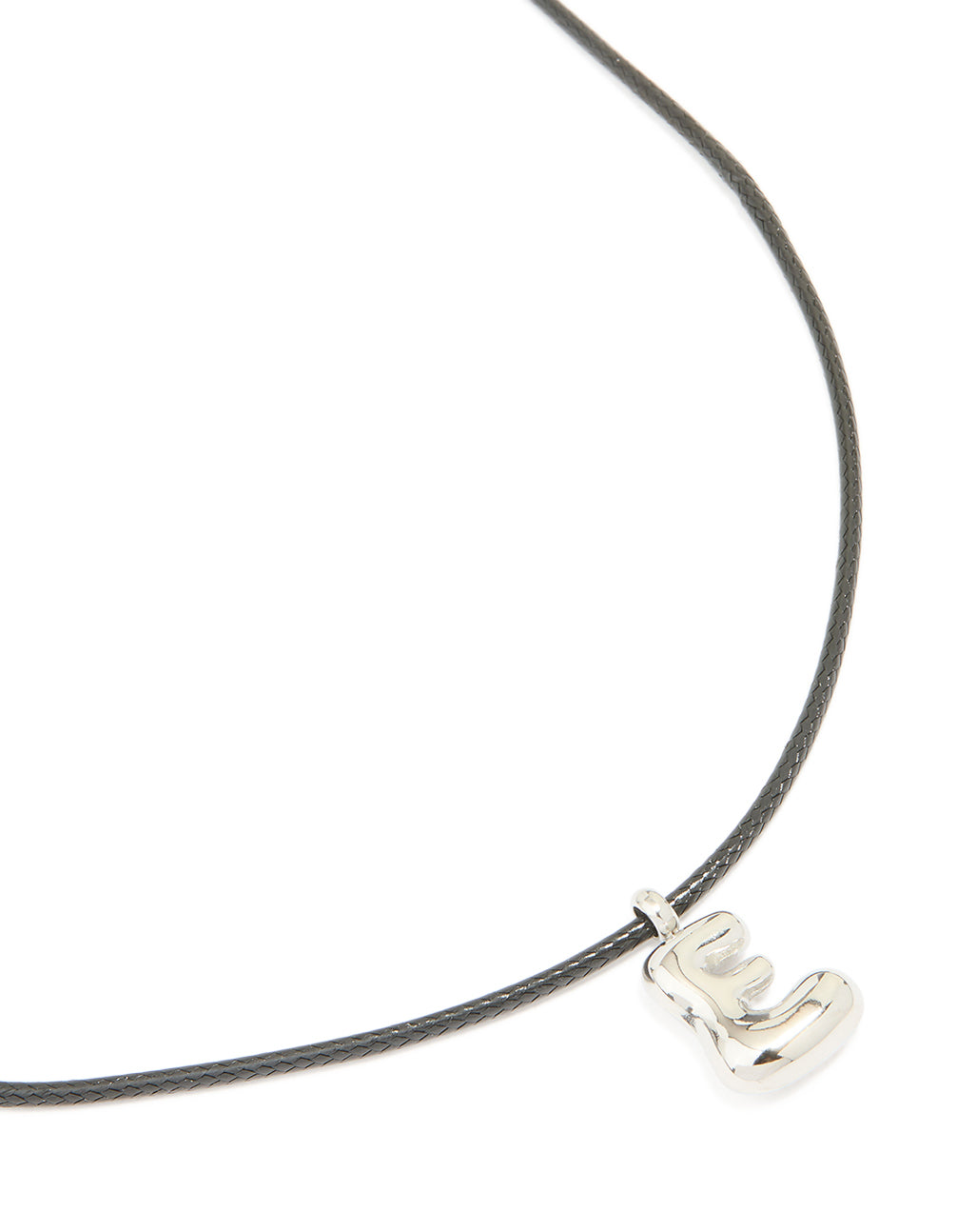 Showcasing a large bubble letter E necklace crafted from waterproof stainless steel with grey cord and silver pendant featuring initials close up view