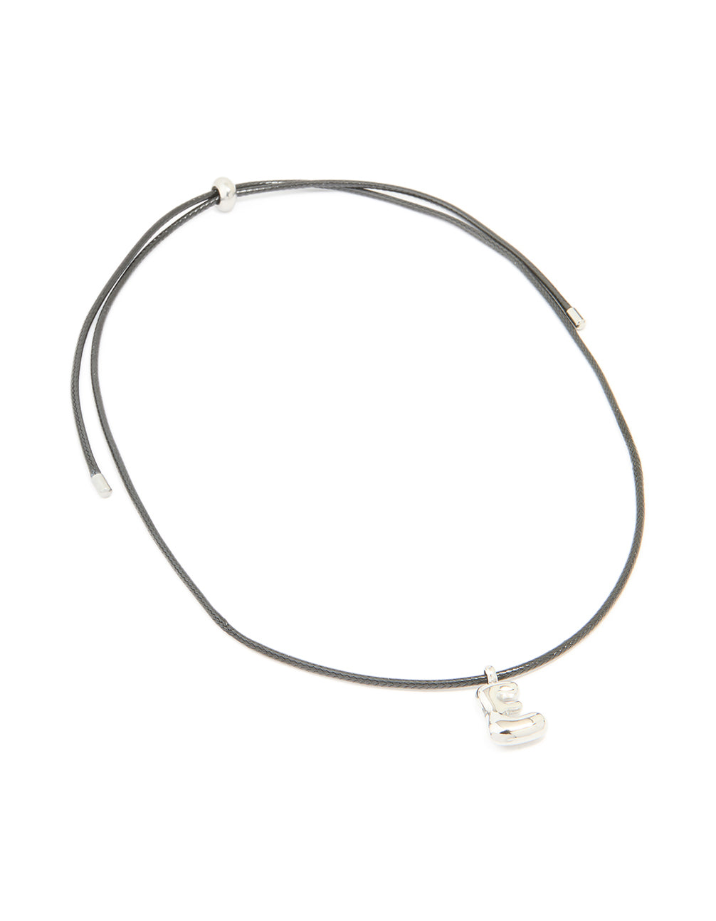 Crafted from waterproof stainless steel, this large bubble letter E initial necklace features a grey cord with silver pendant front view