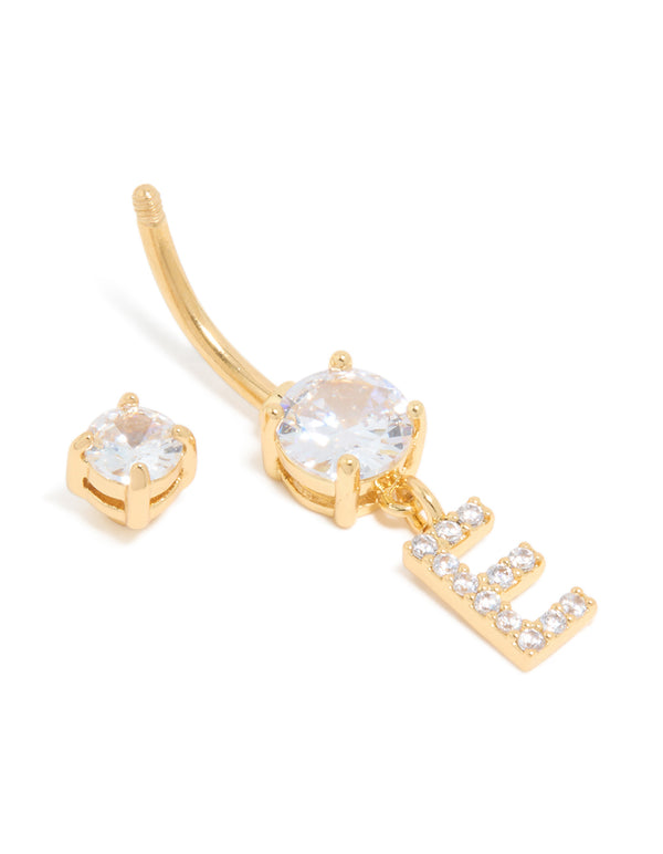 Gold Plated Surgical Steel Cubic Zirconia Pavé Letter E Belly Bar