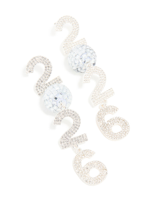 Silver Diamante 2026 Disco Ball Drop Earrings