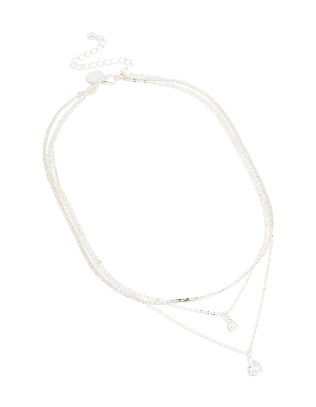 Silver Plated Cubic Zirconia Teardrop & Snake Chain Layered Necklace