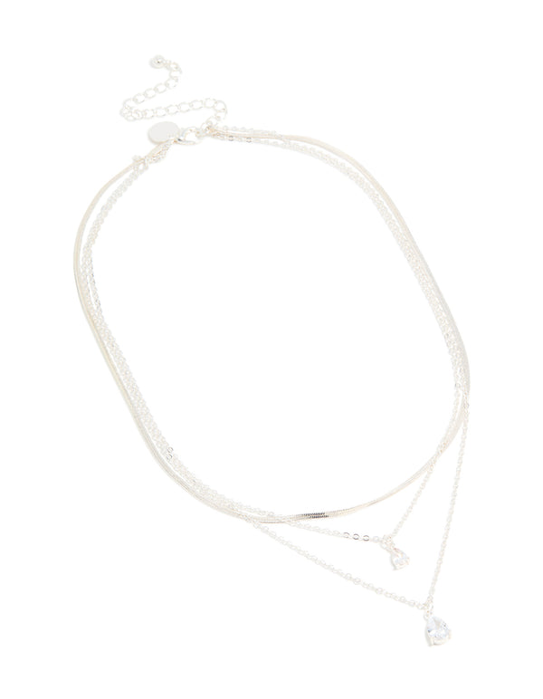 Silver Plated Cubic Zirconia Teardrop & Snake Chain Layered Necklace