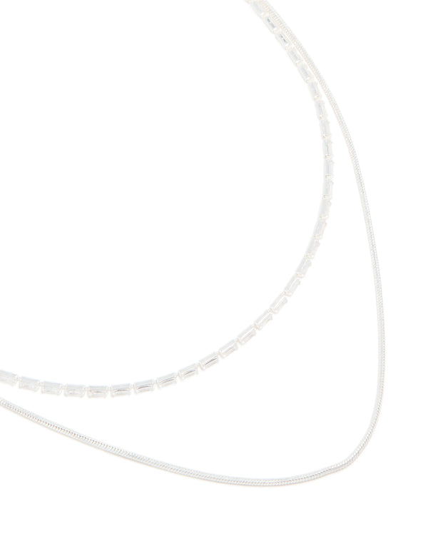 Silver Plated Cubic Zirconia Baguette & Chain Layered Necklace