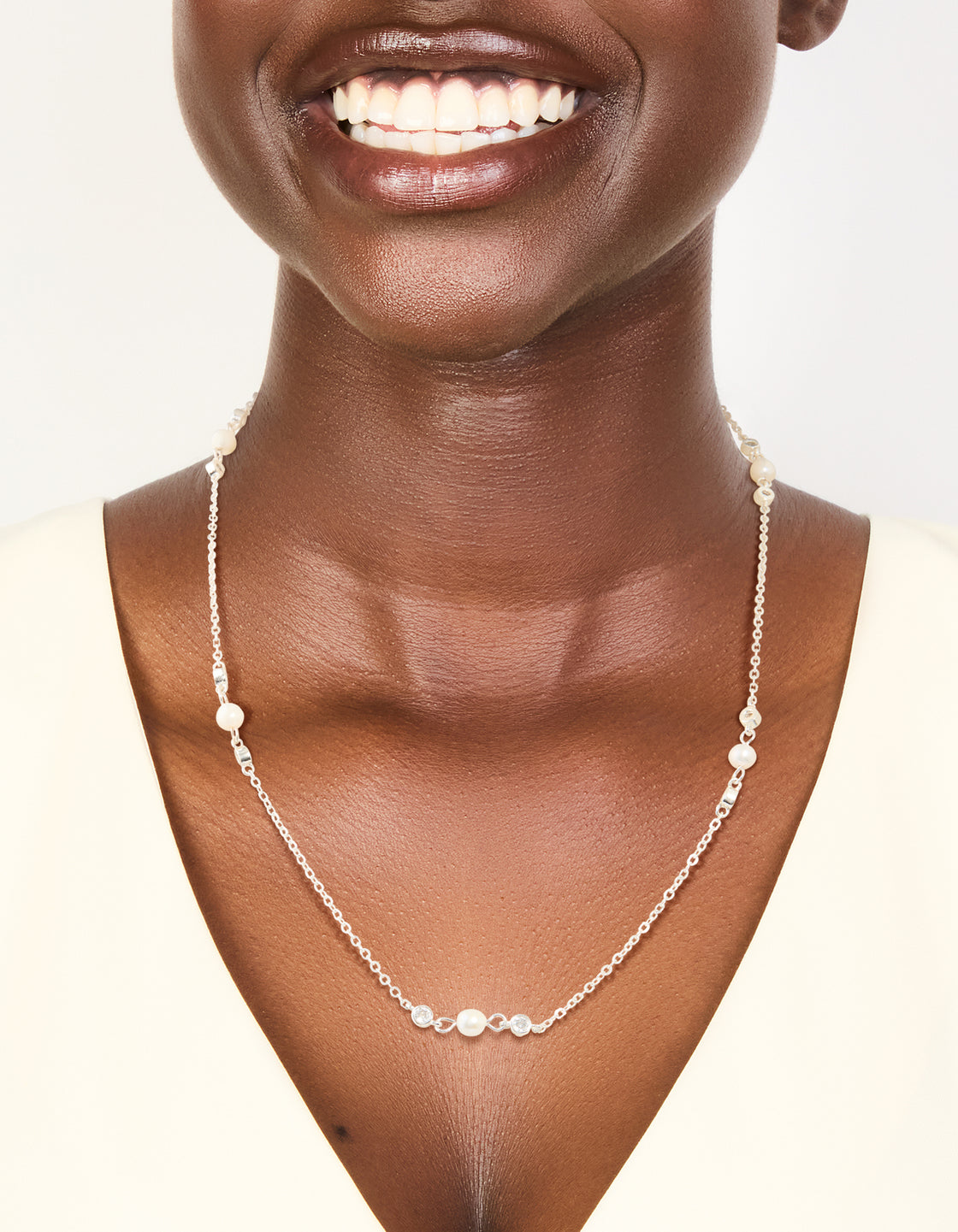 Silver Plated Dainty Cubic Zirconia & Freshwater Pearl Necklace