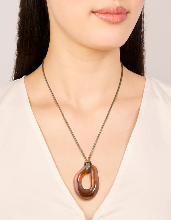 Brown Acrylic Open Molten Pendant Cord Necklace
