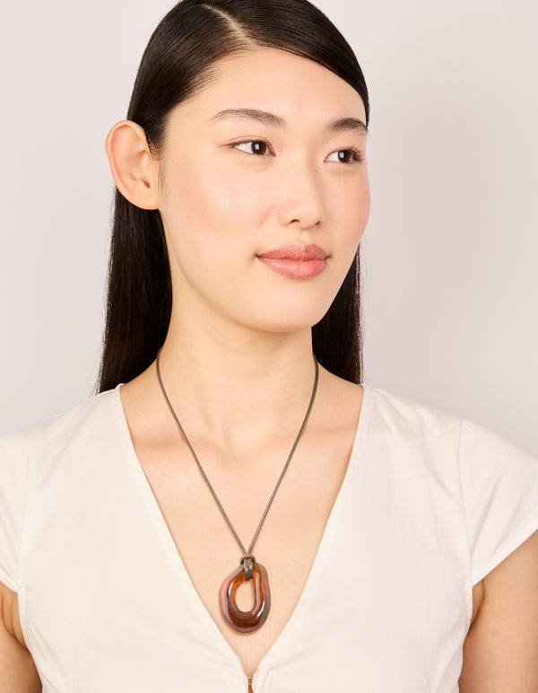 Brown Acrylic Open Molten Pendant Cord Necklace