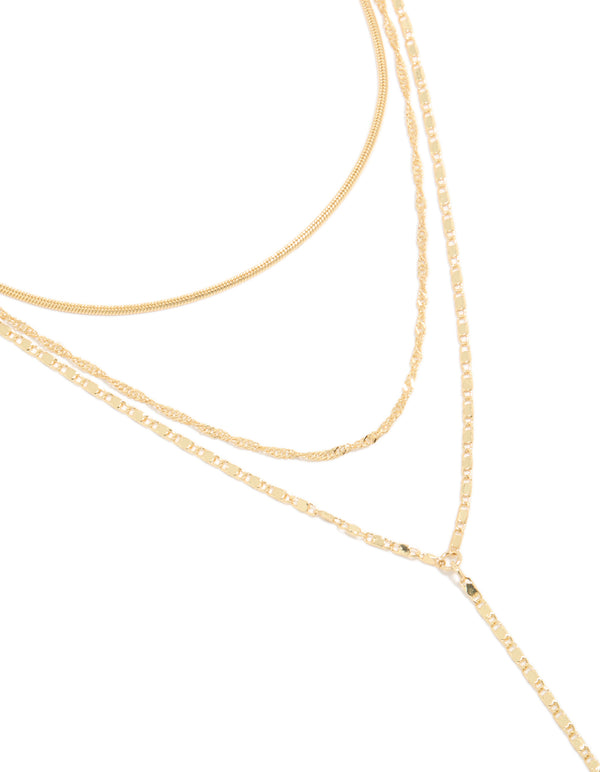 Gold Plated Triple Chain Layered Y-Necklace