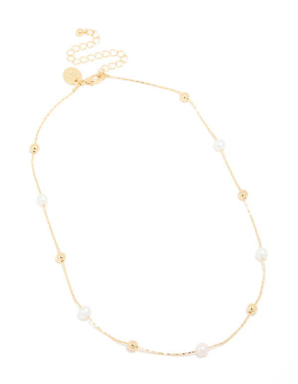 Gold Plated Freshwater Pearl & Ball Chain Necklace