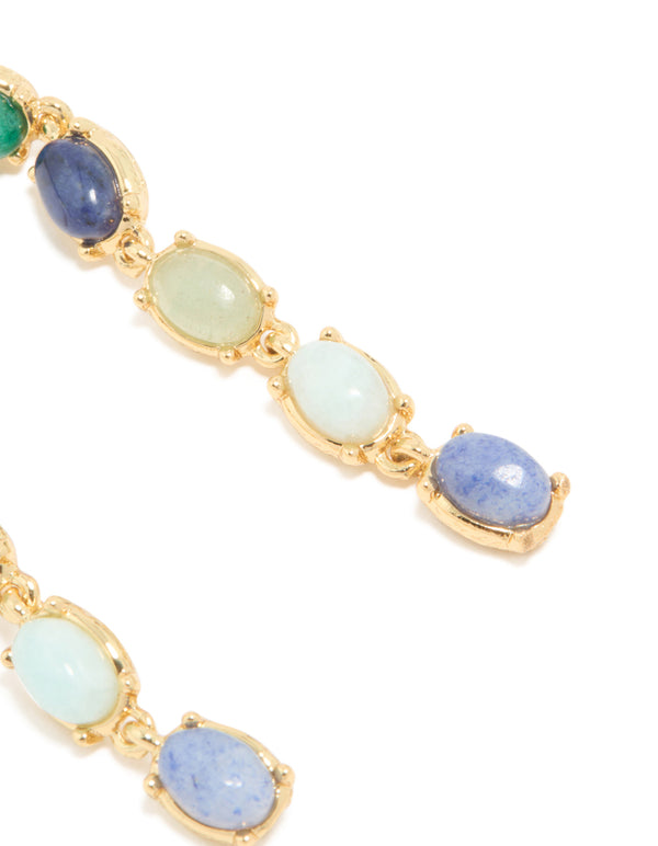 Gold Plated Oval Blue & Green Semi Precious Stone Hook Earrings