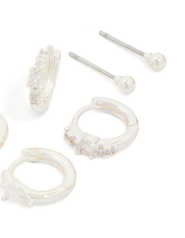 Silver Plated Cubic Zirconia Fine Huggie & Stud Earrings 4-Pack