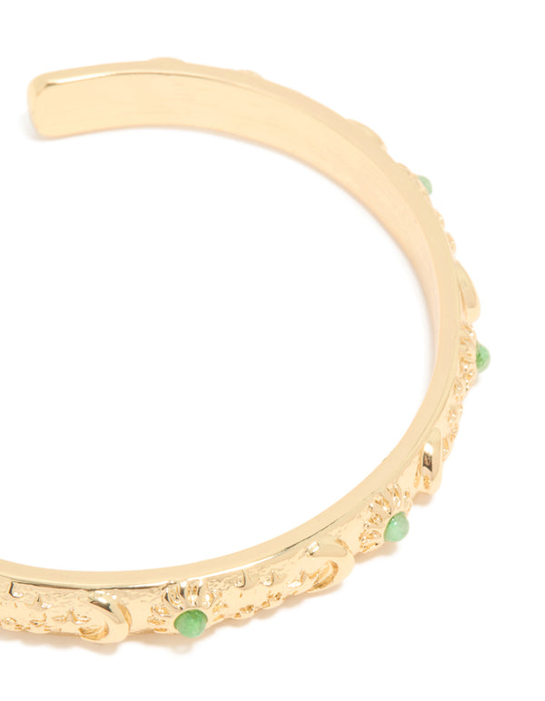 Gold Plated Cluster Green Semi Precious Stone Etched Open Wrist Cuff