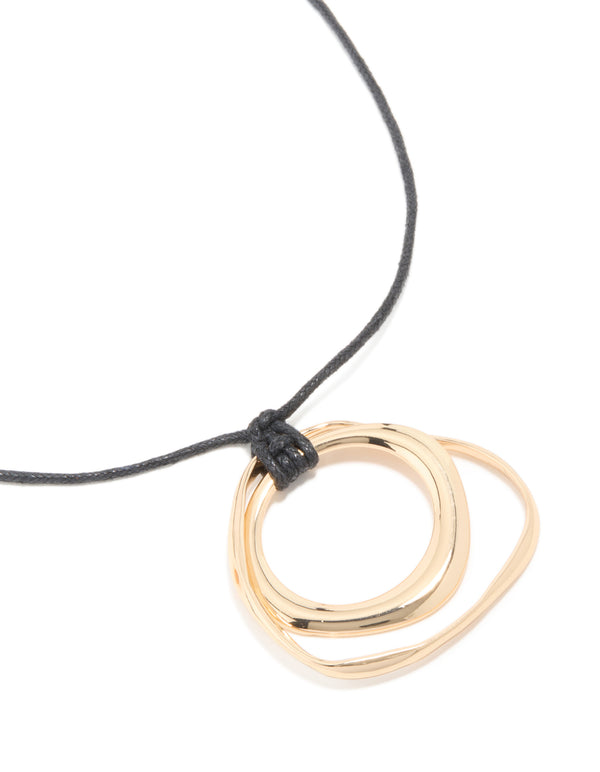 Gold Double Circle Layered Pendant Cord Necklace