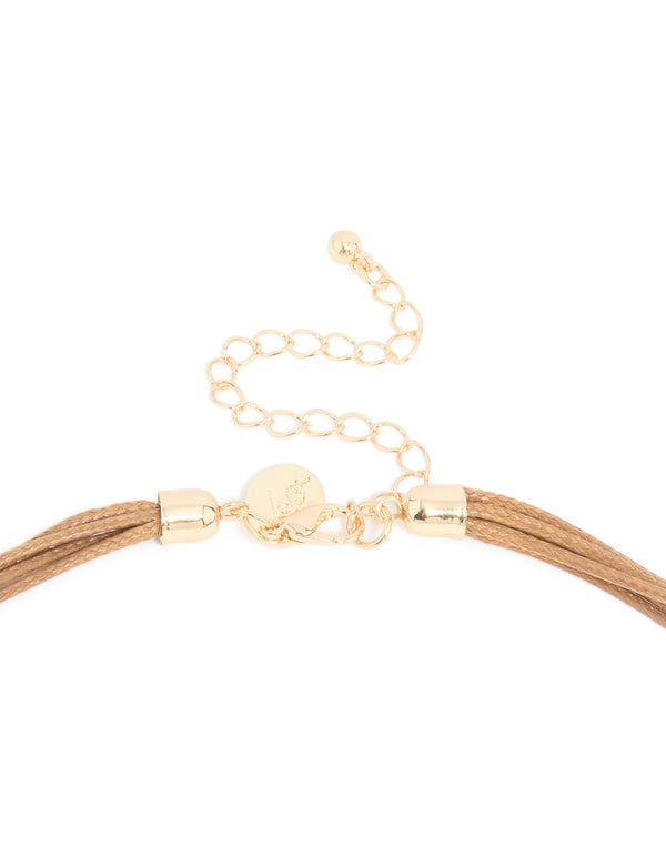 Gold Open Pendant Brown Cord Layered Long Necklace