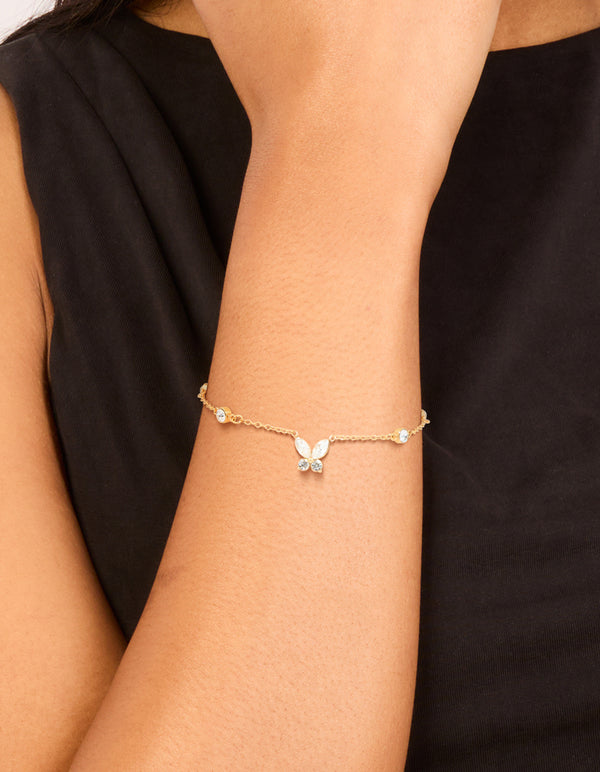 Waterproof Gold Plated Stainless Steel Cubic Zirconia Butterfly & Circle Charms Bracelet