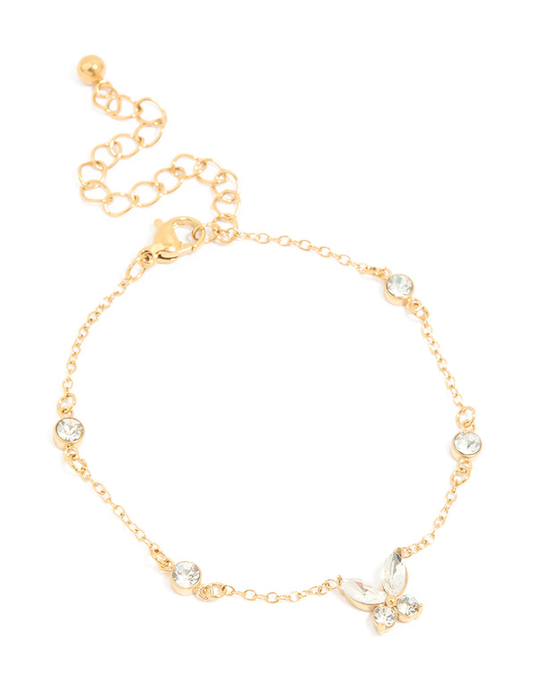 Waterproof Gold Plated Stainless Steel Cubic Zirconia Butterfly & Circle Charms Bracelet