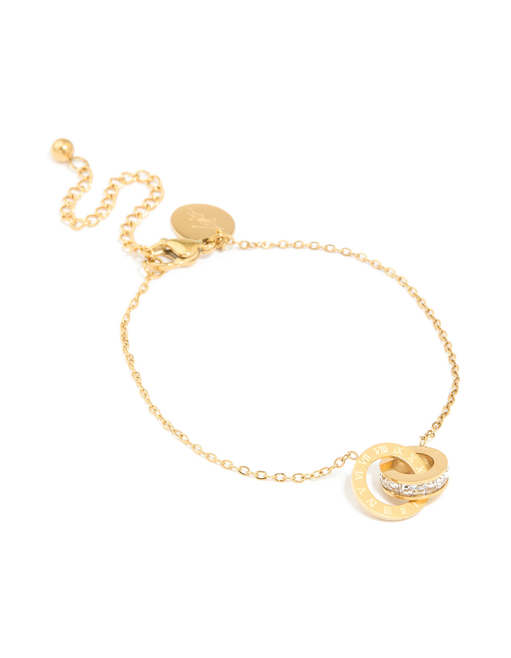Waterproof gold plated stainless steel diamante and circle link chain bracelet with featuring charm and numbers front view