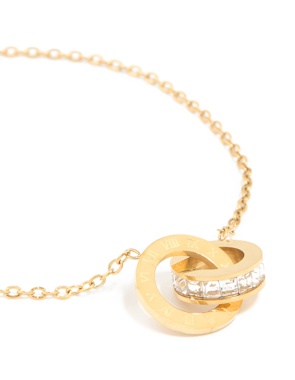 Waterproof gold plated stainless steel diamante and circle link chain bracelet with charm featuring numbers close up view