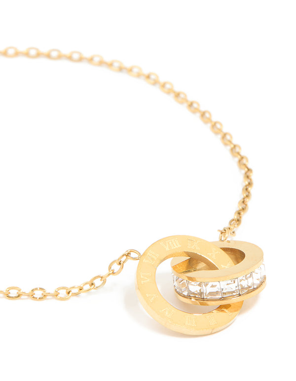 Waterproof Gold Plated Stainless Steel Diamante & Circle Link Chain Bracelet
