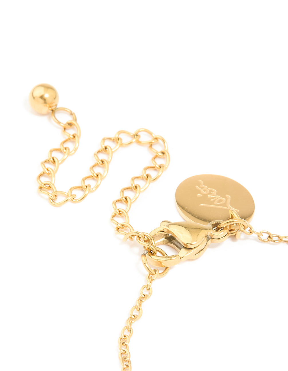 Waterproof gold plated stainless steel diamante and circle link chain bracelet with charm featuring numbers closure detail view