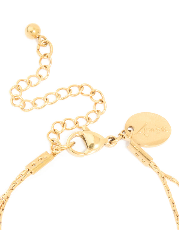 Featuring waterproof gold plated stainless steel pearl and ball layered bracelet with adjustable chain closure detail view