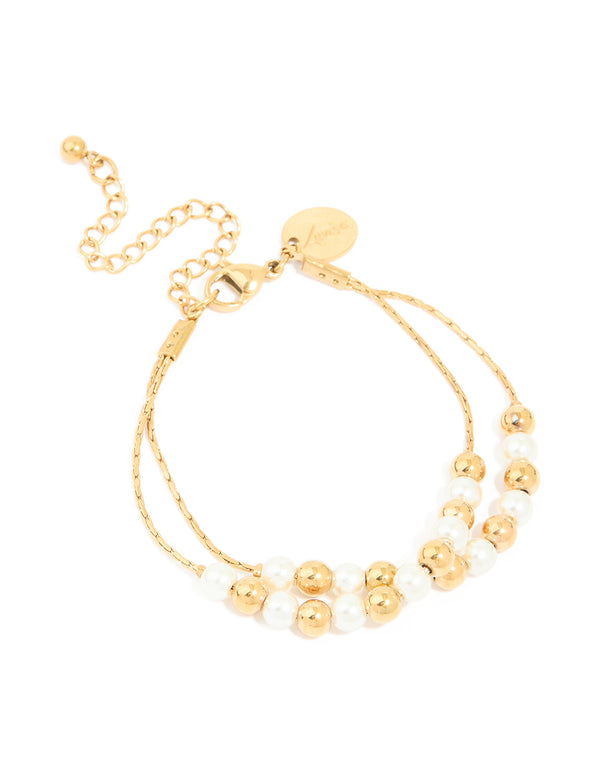 Beautifully designed waterproof gold plated stainless steel pearl and ball layered bracelet in gold front view