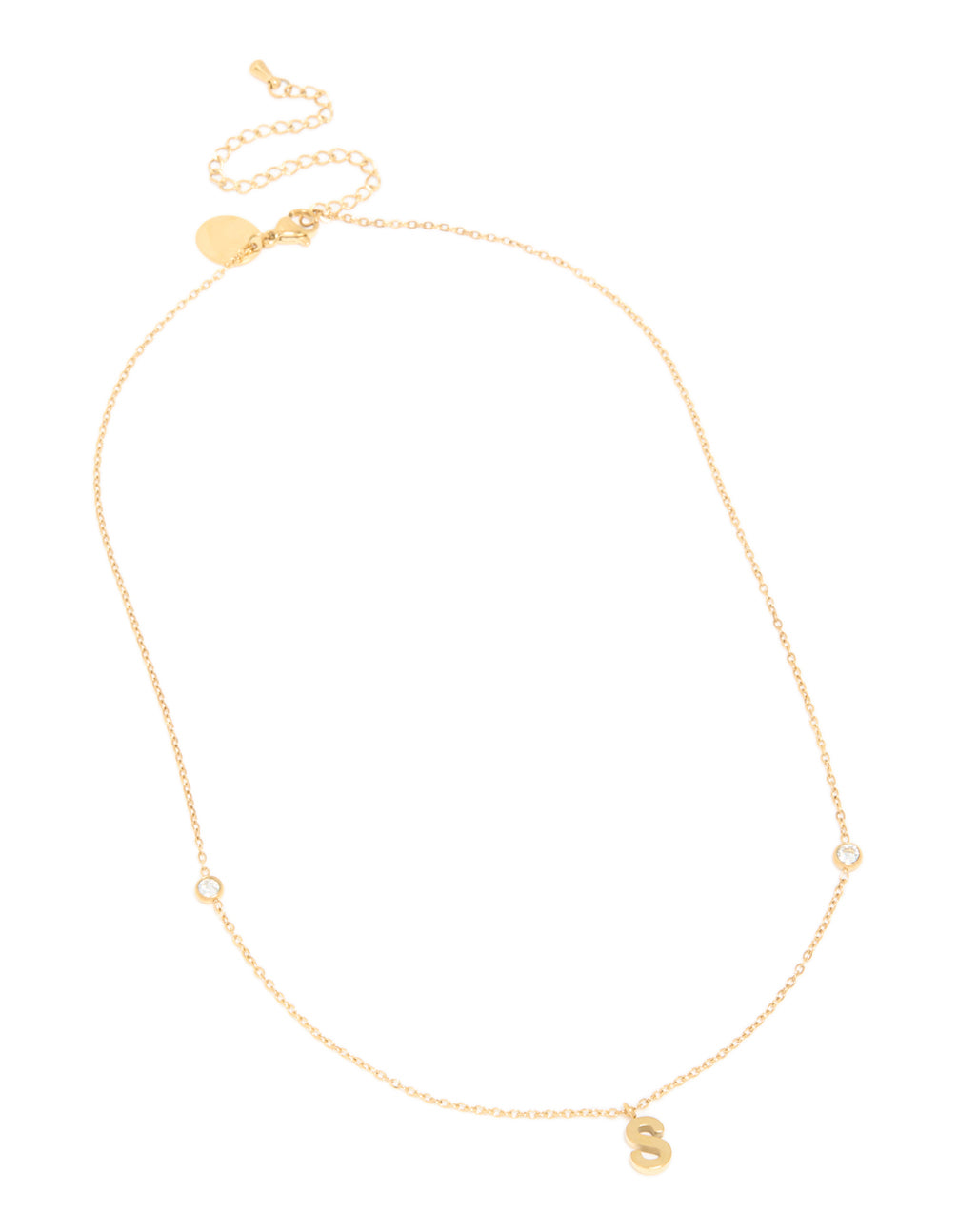 Featuring a waterproof gold plated stainless steel letter S dainty pendant necklace in gold showcasing initials front view
