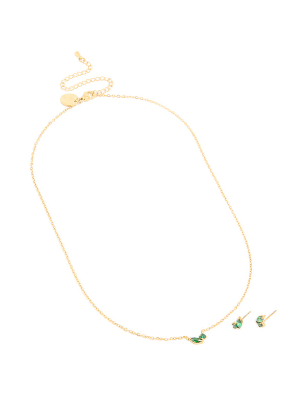 Waterproof Gold Plated Stainless Steel May Green Cubic Zirconia Birthstone Necklace & Earrings Set