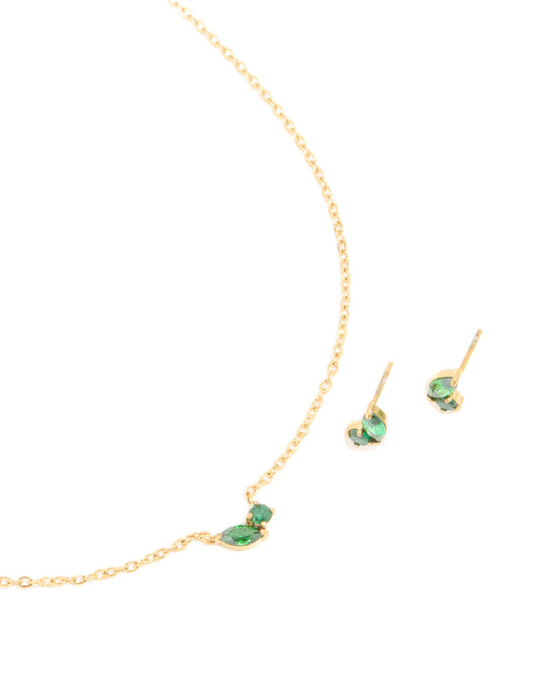Waterproof Gold Plated Stainless Steel May Green Cubic Zirconia Birthstone Necklace & Earrings Set