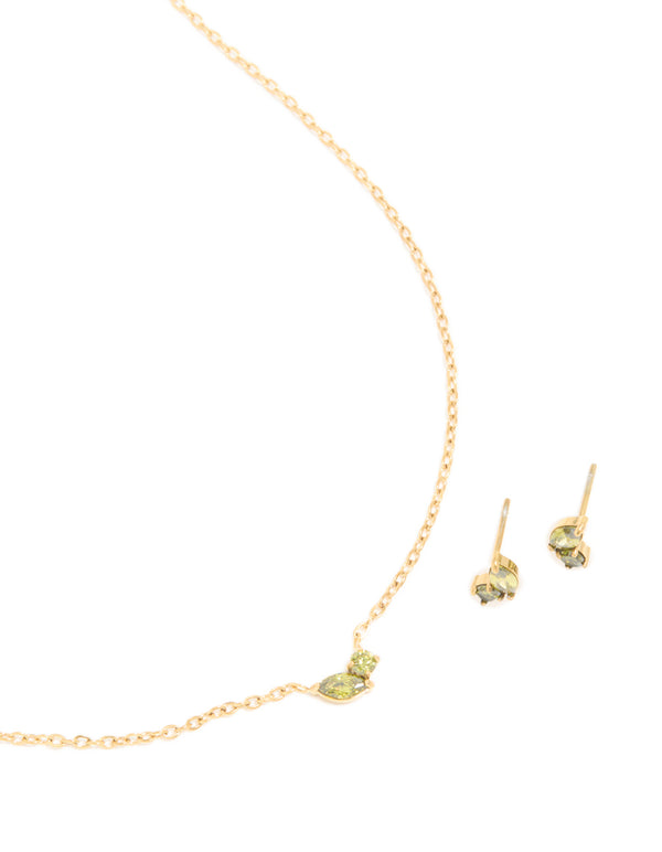Waterproof Gold Plated Stainless Steel August Light Green Cubic Zirconia Birthstone Necklace & Earrings Set