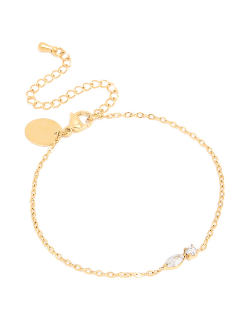 Showcasing a waterproof gold plated stainless steel April cubic zirconia birthstone bracelet front view