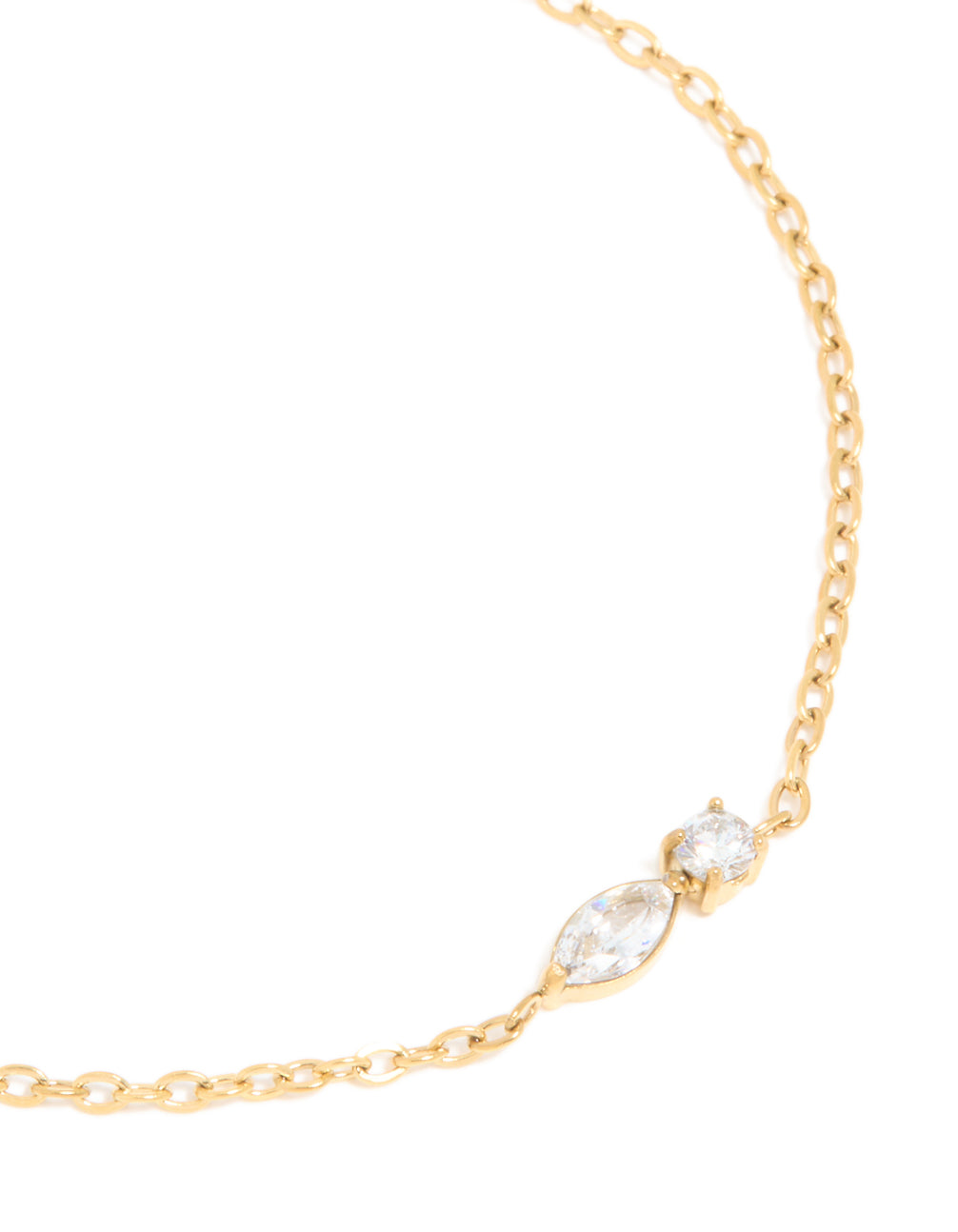 Highlighting waterproof gold plated stainless steel April cubic zirconia birthstone bracelet close up view