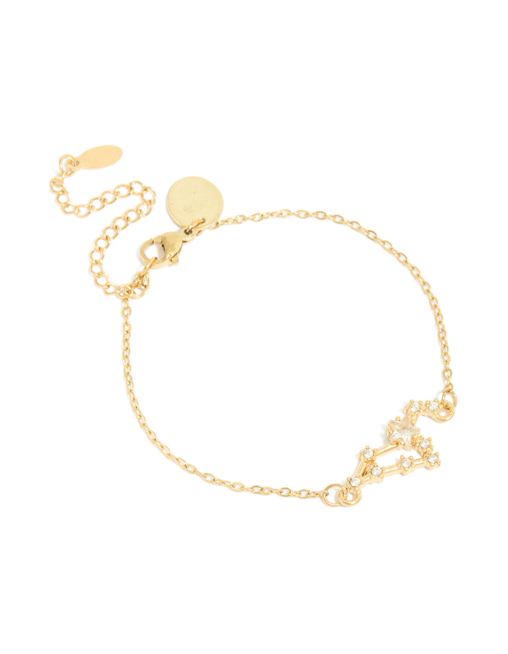 Elegant waterproof gold plated stainless steel cubic zirconia Leo zodiac bracelet featuring in statement style front view