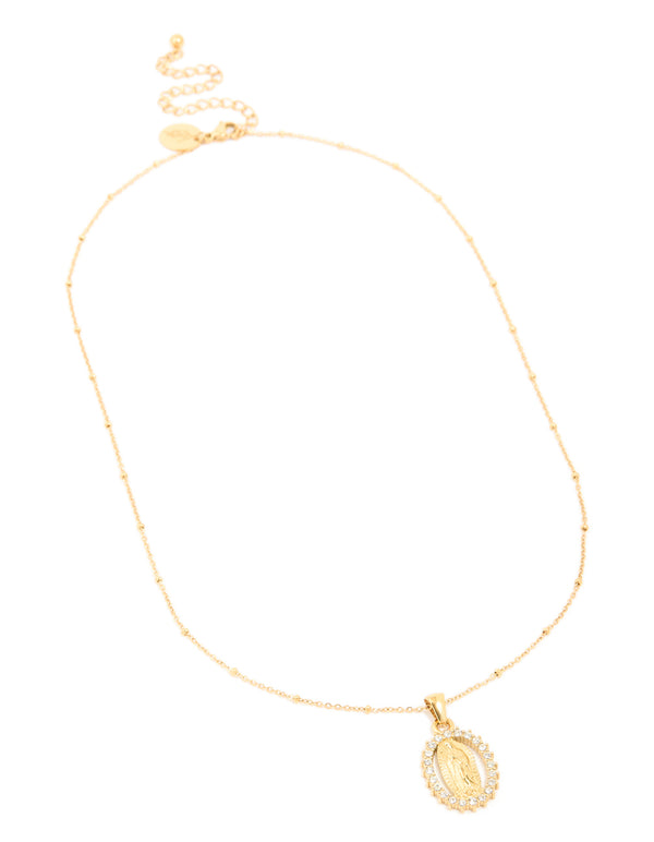 Beautifully designed waterproof gold plated stainless steel clear diamante Mary pendant necklace front view