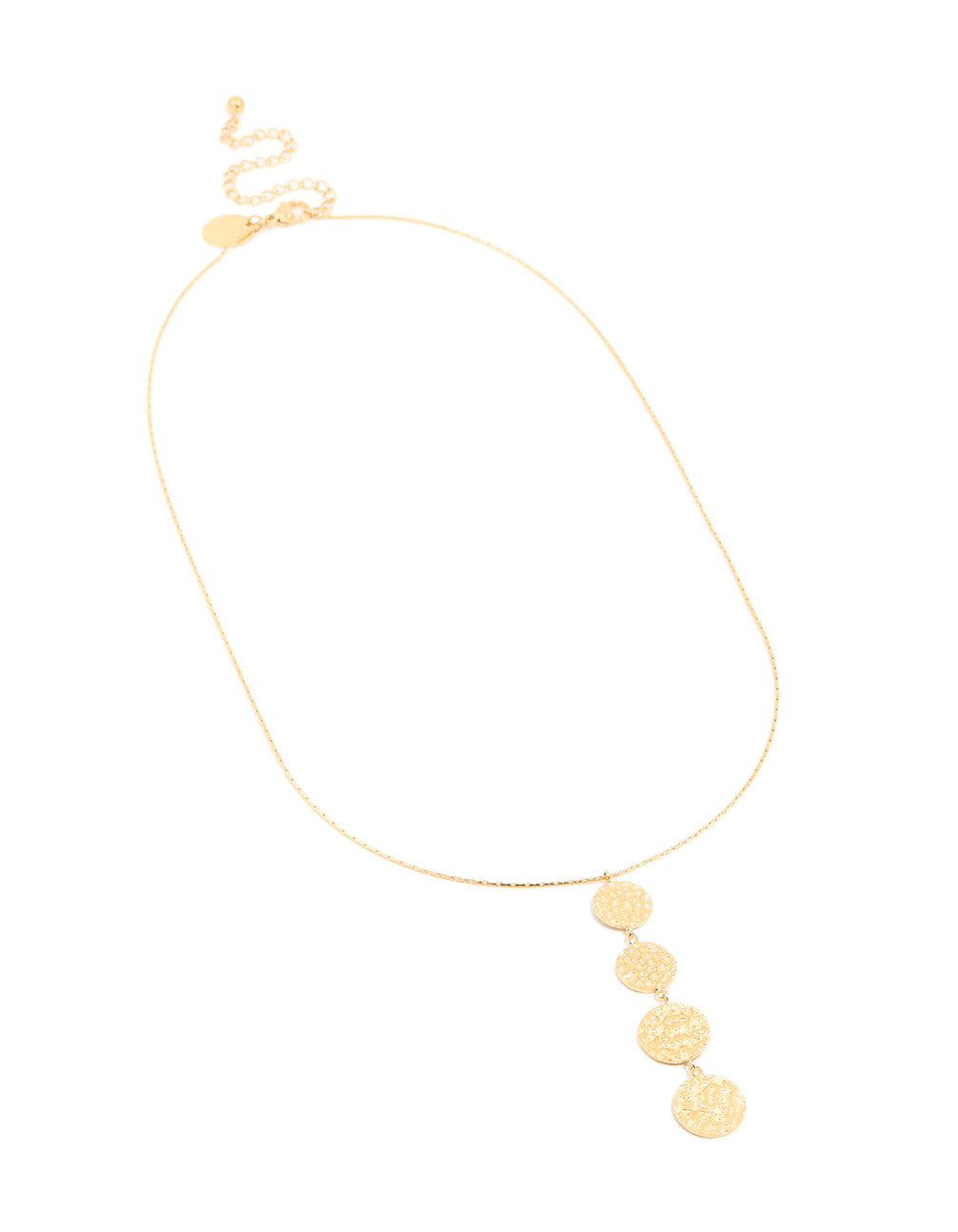 Featuring waterproof stainless steel construction, this gold plated necklace displays multiple discs charms with dimple texture front view