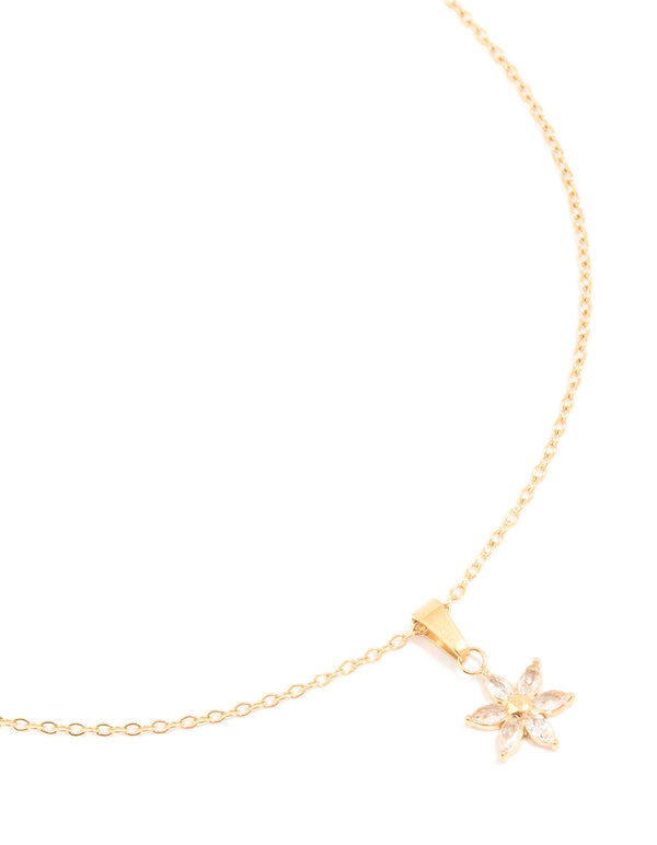 Waterproof Gold Plated Stainless Steel Cubic Zirconia Flower Pendant Necklace