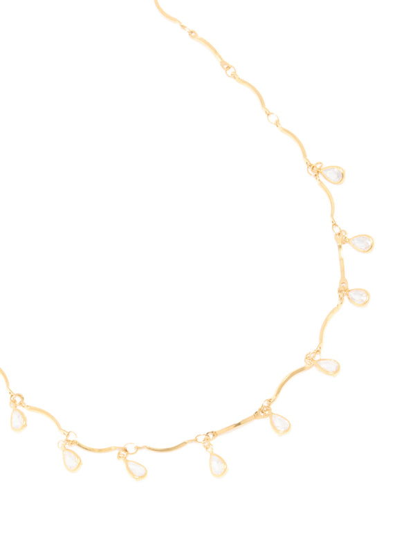 Waterproof Gold Plated Stainless Steel Cubic Zirconia Droplet Charms Necklace