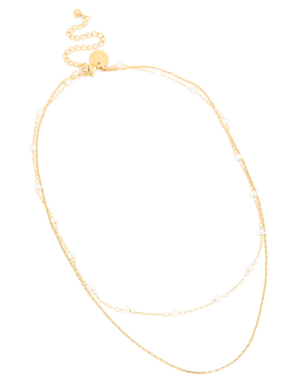 Waterproof Gold Plated Stainless Steel Pearl Beaded & Chain Layered Necklace