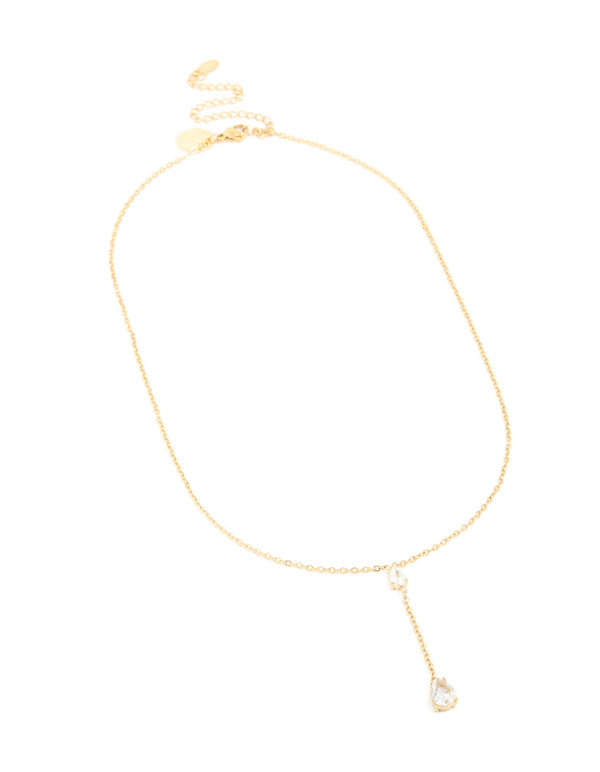Waterproof Gold Plated Stainless Steel Cubic Zirconia Teardrop Y-Necklace