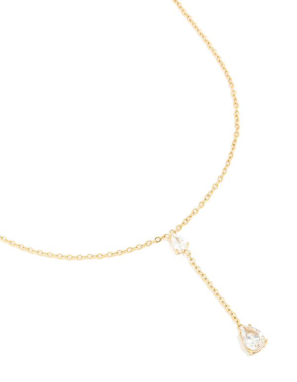 Waterproof Gold Plated Stainless Steel Cubic Zirconia Teardrop Y-Necklace