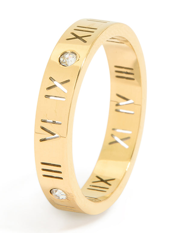 Highlighting a waterproof gold plated stainless steel band ring with roman numerals and cubic zirconia accents side detail view
