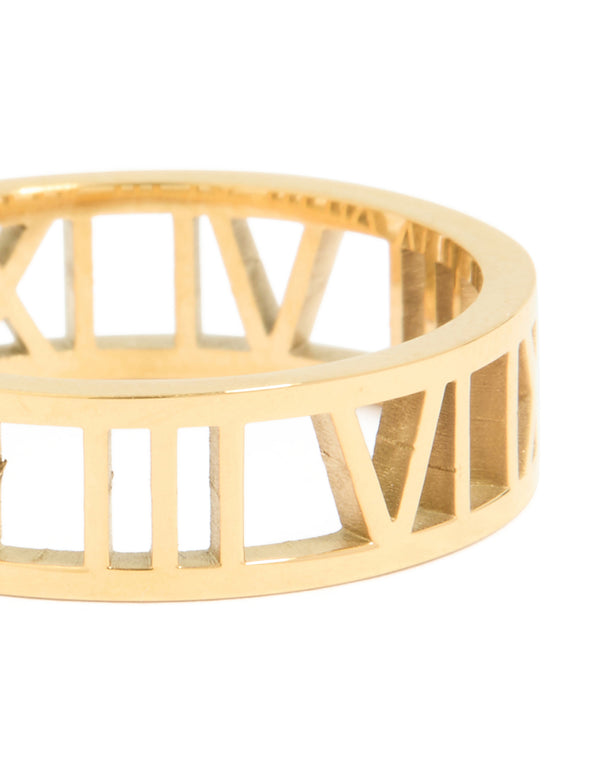 Designed with cut-out Roman numerals, waterproof gold plated stainless steel ring in chunky style close up view