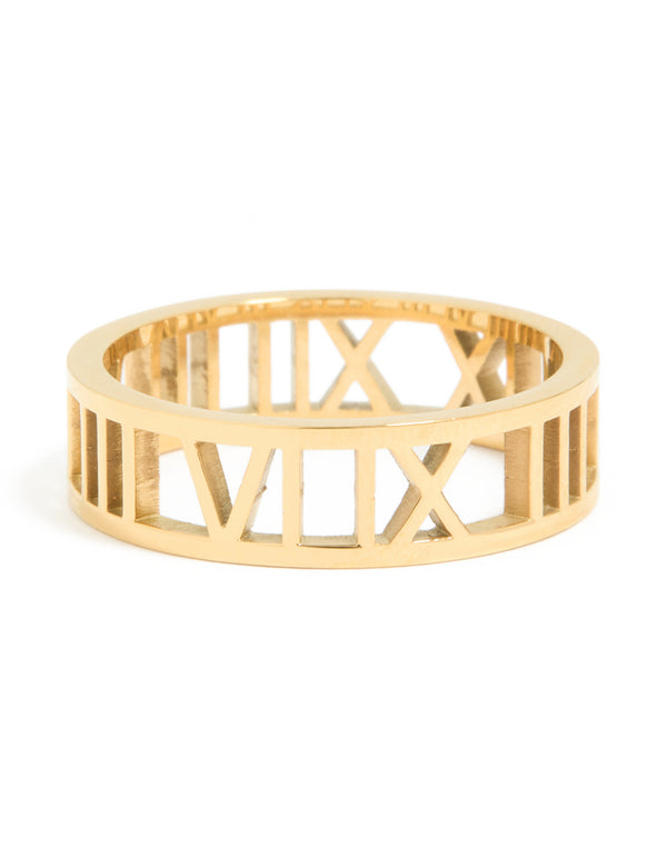 Featuring cut-out Roman numeral ring crafted from waterproof gold plated stainless steel in chunky style front view