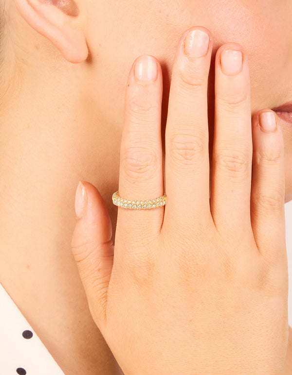 Featuring a waterproof gold plated stainless steel skinny ring with pave cubic zirconia worn naturally on finger view