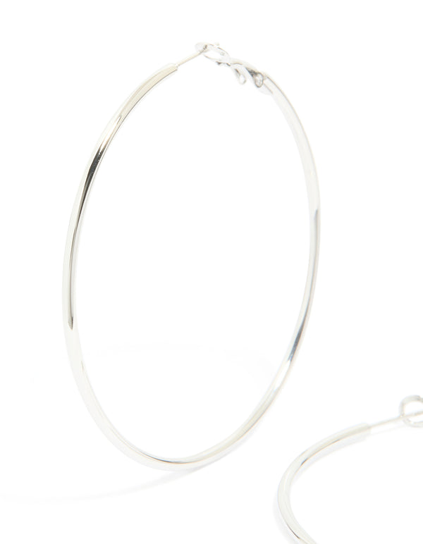 Crafted from waterproof stainless steel hoop earrings in silver, 55 MM close up view