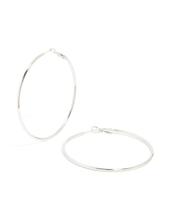 Showcasing waterproof stainless steel hoop earrings in silver, 55 MM front view
