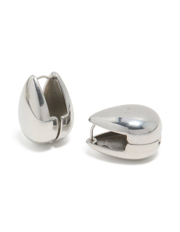 Showcasing waterproof stainless steel oval front and back hoop earrings in silver front view