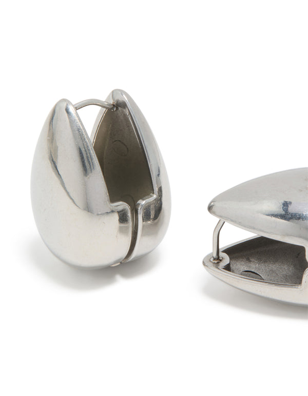 Crafted from waterproof stainless steel oval front and back hoop earrings in silver close up view